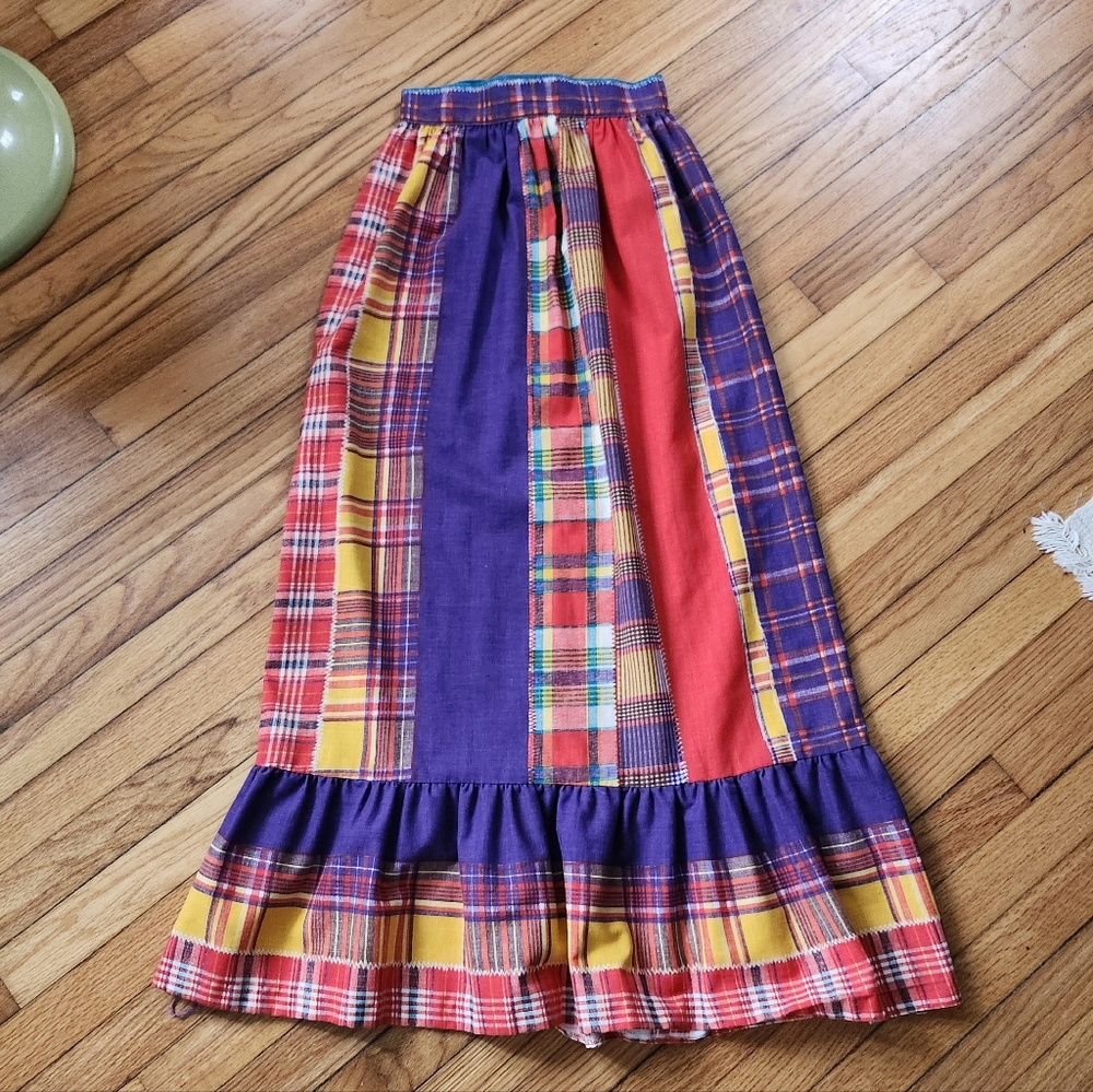 Vintage 1960s 1970s Rainbow Plaid Striped Patchwork Patterned Ruffle Maxi Skirt